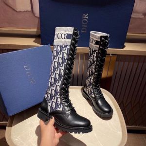 Christian Dior D-Major Boots Women Calfskin and Oblique Fabric Black/Blue