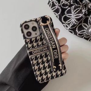 Christian Dior iPhone Case with Wrist Strap Macro Houndstooth Embroidery Black