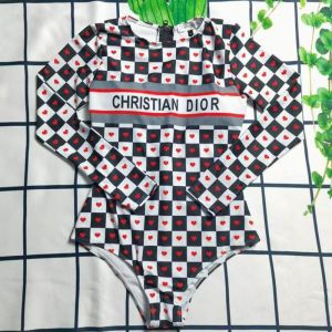 Christian Dior Long Sleeve Bodysuit Women Dioramour D-Chess Heart Lycra Black/White