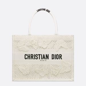Dior Book Tote D-Lace Butterfly Motif Canvas White
