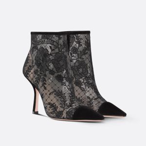 Dior Capture Heeled Ankle Boots Women Roses Motif Transparent Mesh Black
