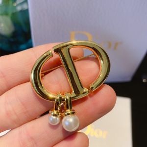 Dior CD Navy Brooch Metal and White Resin Pearls Gold