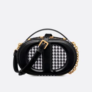 Dior CD Signature Oval Camera Bag Houndstooth Motif Cotton Black