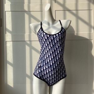 Dior Crisscross Swimsuit Women Oblique with Bee CD Embroidery Cotton Navy Blue