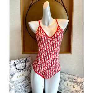 Dior Crisscross Swimsuit Women Oblique with Bee CD Print Nylon Red