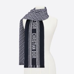 Dior Reversible Scarf University Oblique Motif Silk and Wool Navy Blue