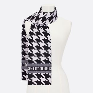 Dior Scarf Macro Houndstooth Motif Technical Cashmere and Wool Black