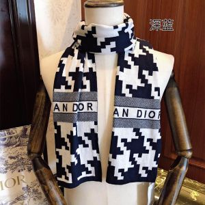 Dior Scarf Macro Houndstooth Motif Technical Cashmere and Wool Navy Blue