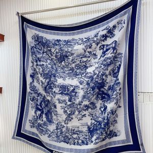 Dior Shawl Toile de Jouy Motif Wool, Silk and Cotton Blue
