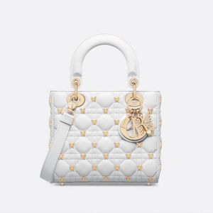 Small Lady Dior Bag with Butterfly Studs Cannage Lambskin White