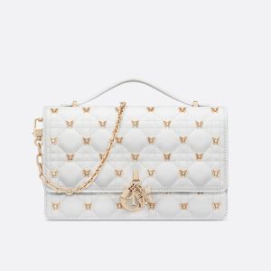 Miss Dior Top Handle Bag with Butterfly Studs Cannage Lambskin White