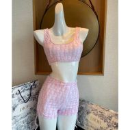 Dior High Waisted Bandeau Bikini Women Oblique Motif Lycra Pink