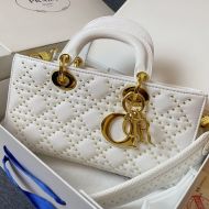 Medium Lady D-Joy Bag Cannage Lambskin with Beads Motif White